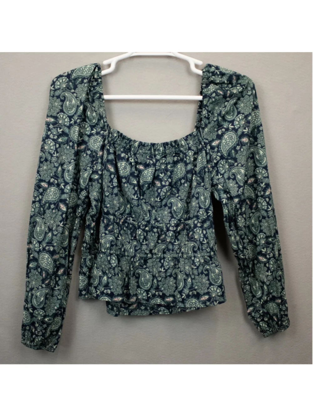 Boden navy green paisley print ruched waist peplum top-16/18
